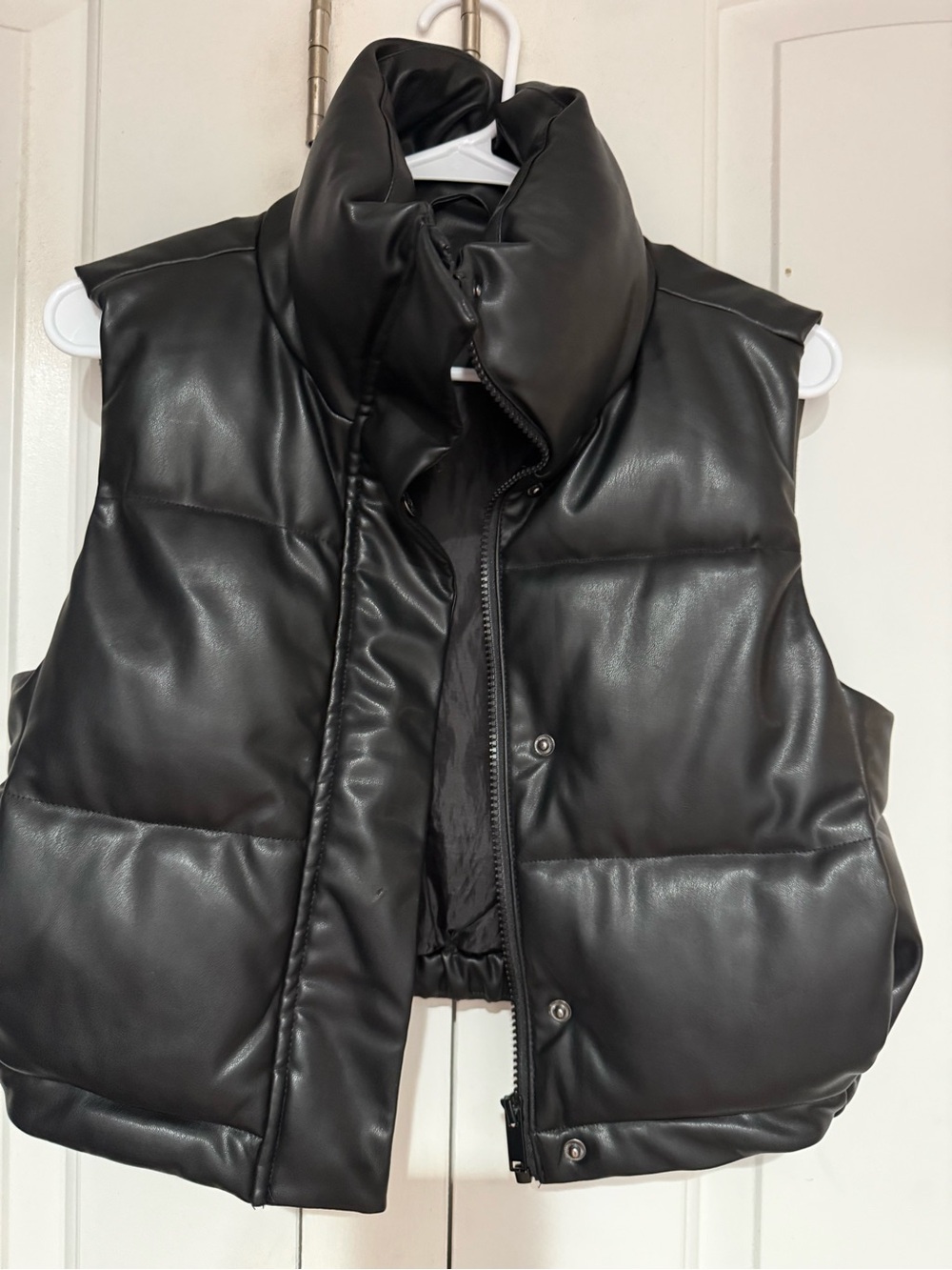 Katie J NYC Black Faux Leather Puffer Vest with High Collar
